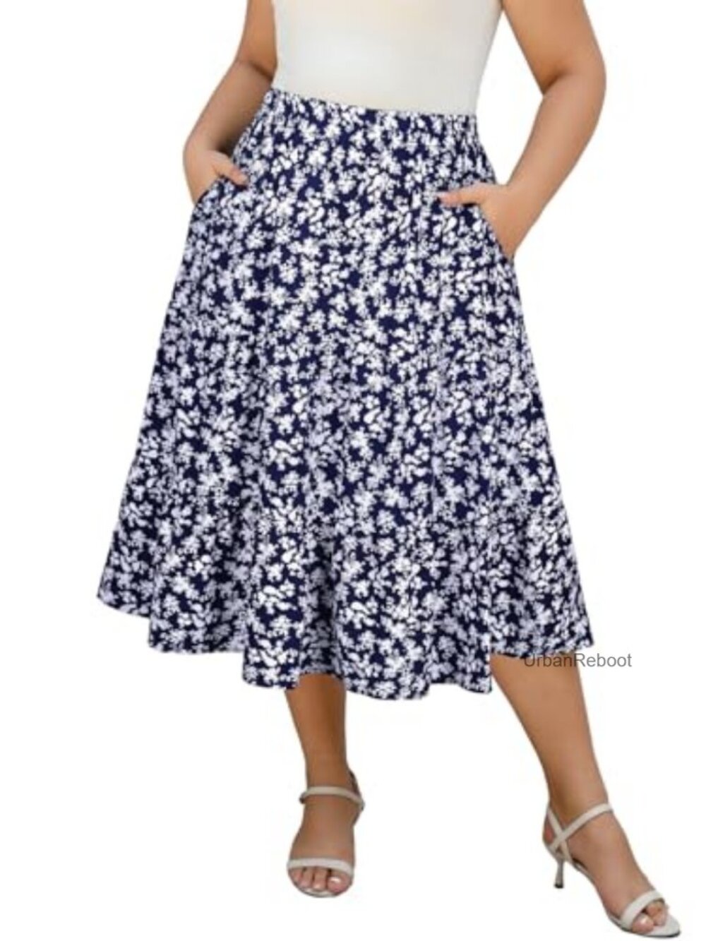 Plus Size Floral A-Line Midi Skirt with Pockets, Tiered, 95% Viscose